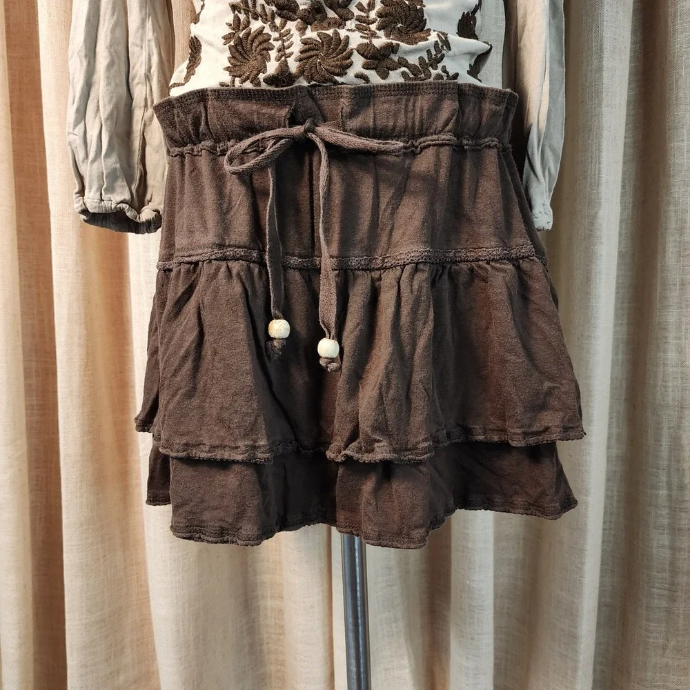 Old Navy Skirt Womens Medium Brown Cotton Modal Tiered Ruffle Mini Drawstring